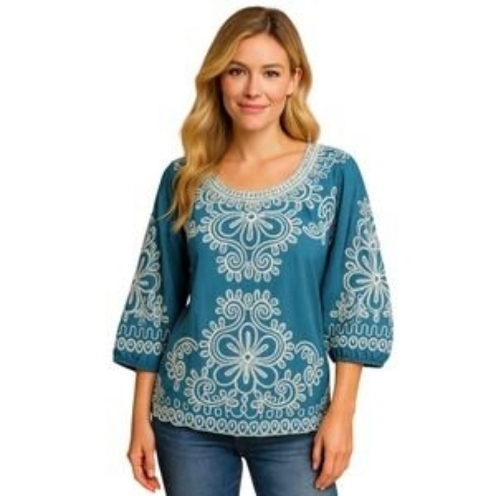Solitaire Embroidered Peasant Blouse Teal Blue & White Size XL NWT